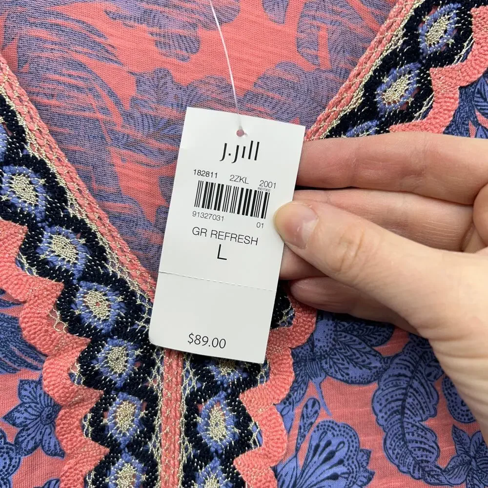 NEW J Jill Floral Embroidered Tunic Top Large Pink Blue Flower 3/4 Length Sleeve - Picture 6 of 7